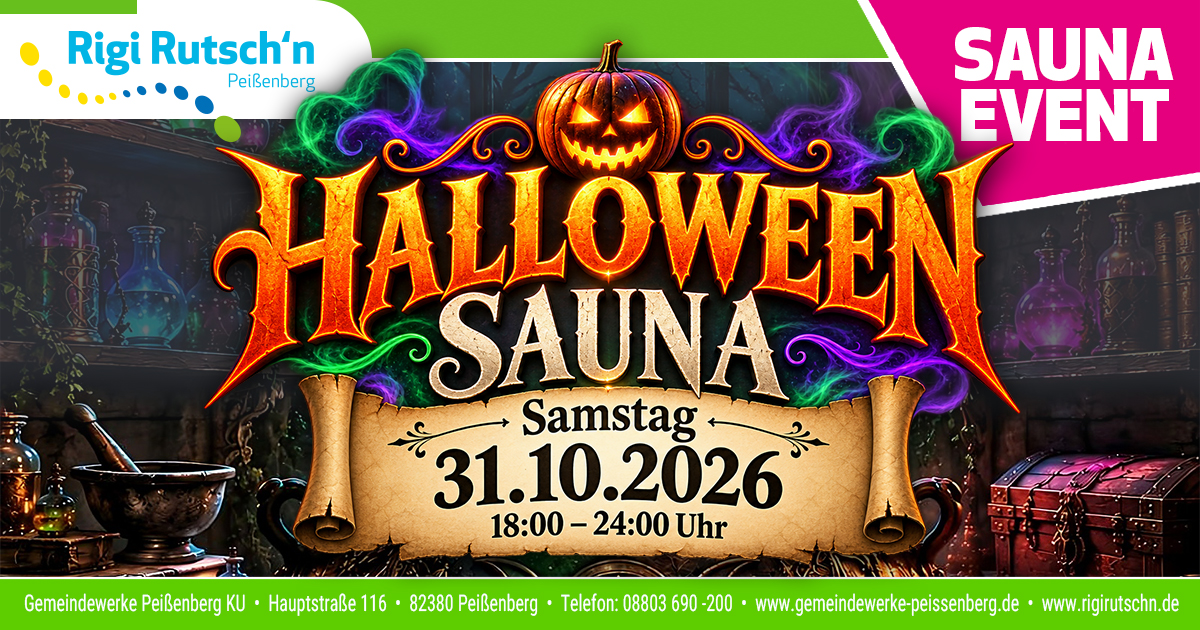 Beitragsbild zur Halloween-Sauna in der Rigi Rutsch’n Peißenberg am 31. Oktober 2026 von 18 bis 24 Uhr mit leuchtendem Kürbis und magischer Alchemistenkulisse.
