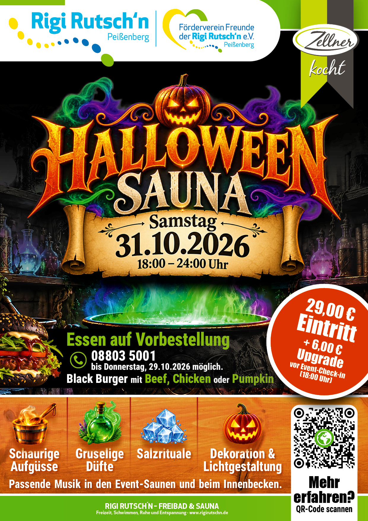 Plakat zur Halloween-Sauna 2026 in der Rigi Rutsch’n Peißenberg am 31. Oktober von 18 bis 24 Uhr mit schaurigen Aufgüssen, Salzritualen und magischer Atmosphäre.